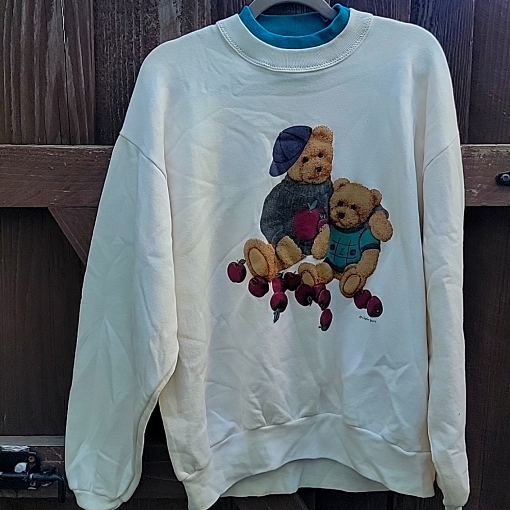 Vintage Teddy Bears Appliqués Gopher Sport Ivory Pullover Sweatshirt Large